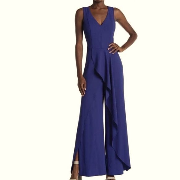 MARINA Pants - MARINA Dark Blue Ruffle Formal Wide Leg  Jumpsuit
